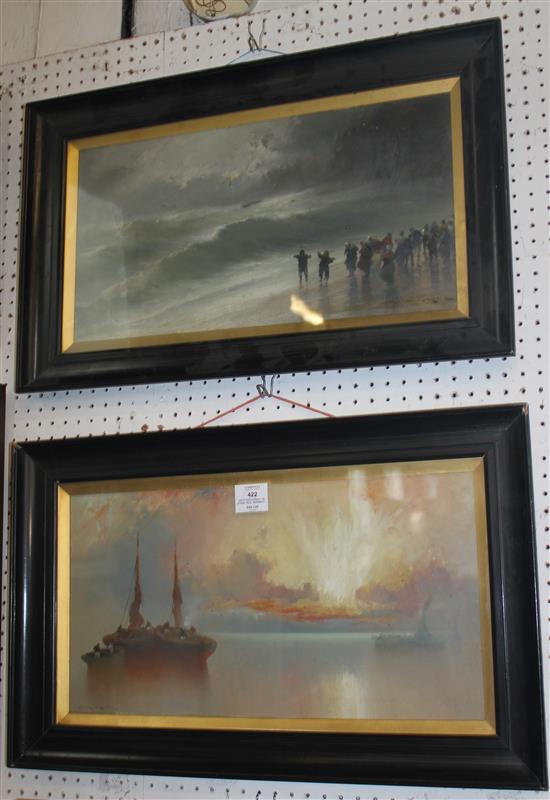 Van H? (Dutch,19/20C), oil, stormy seas, shipwreck and watchers on the shore and companion piece, a pair